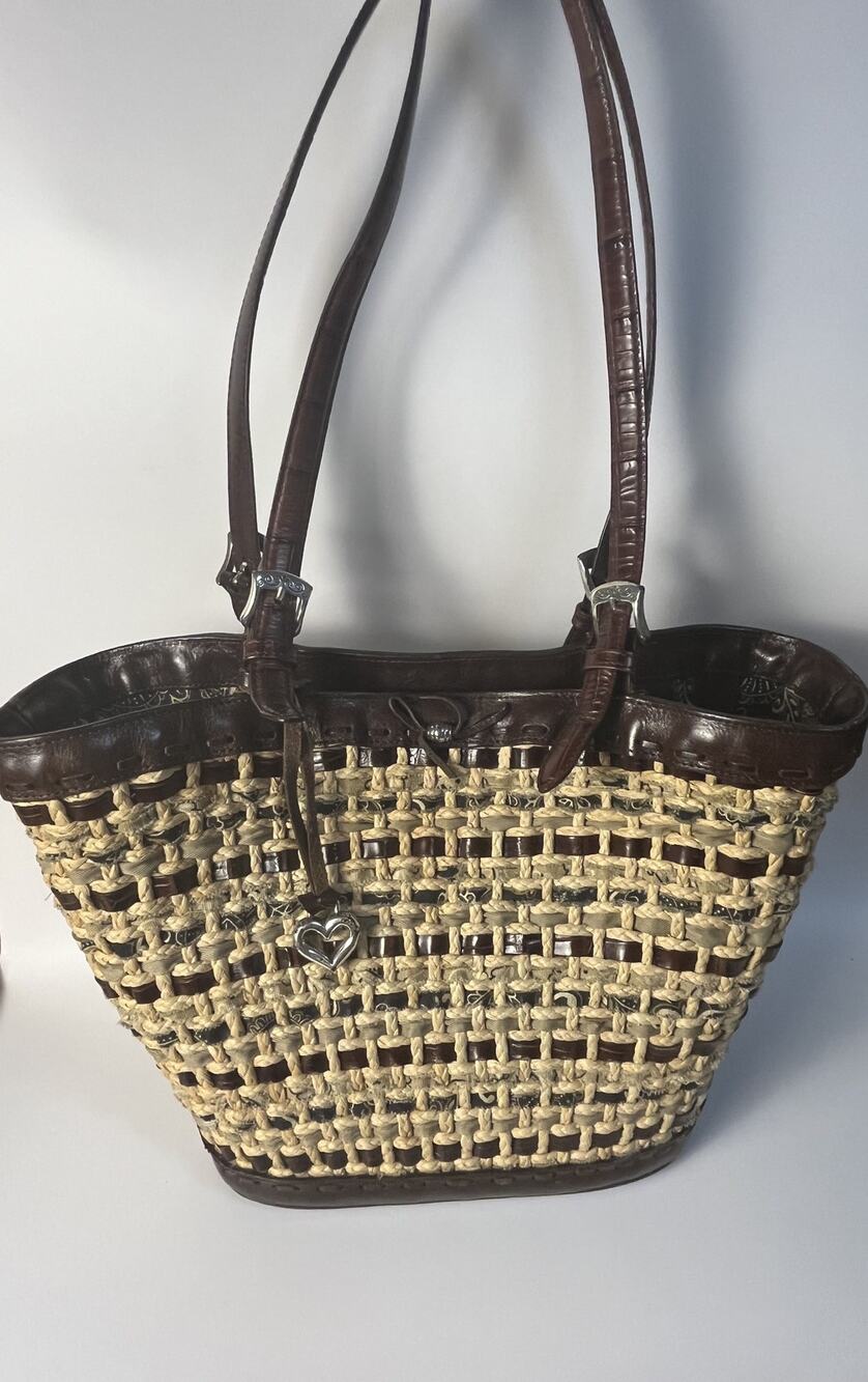Brighton Lisa H70078 Chocolate Brown Woven Raffia Leather Shoulder Bag + Box
